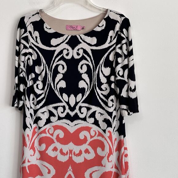Eliza J Sheath Dress 8 Black White Orange Short Sleeve Stretch Lined Party Work - Picture 3 of 12